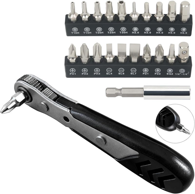 STREBITO Mini Ratchet Set, 22-Piece 1/4 Ratchet Right Angle Screwdriver, 36-Tooth Small Ratcheting Wrench Bit Ratchet For Tight Spaces, with Phillips, Slotted, Torx, Hex, Square and Adapter for Socket - Image 1